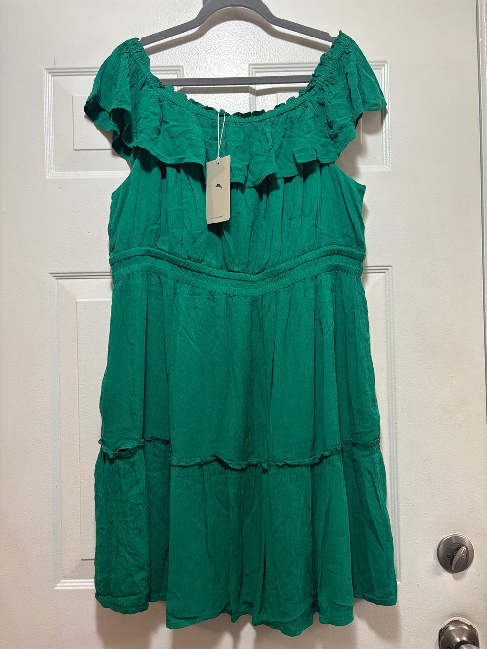 Tommy Bahama Green Ruffle Off-Shoulder Tiered Dress
